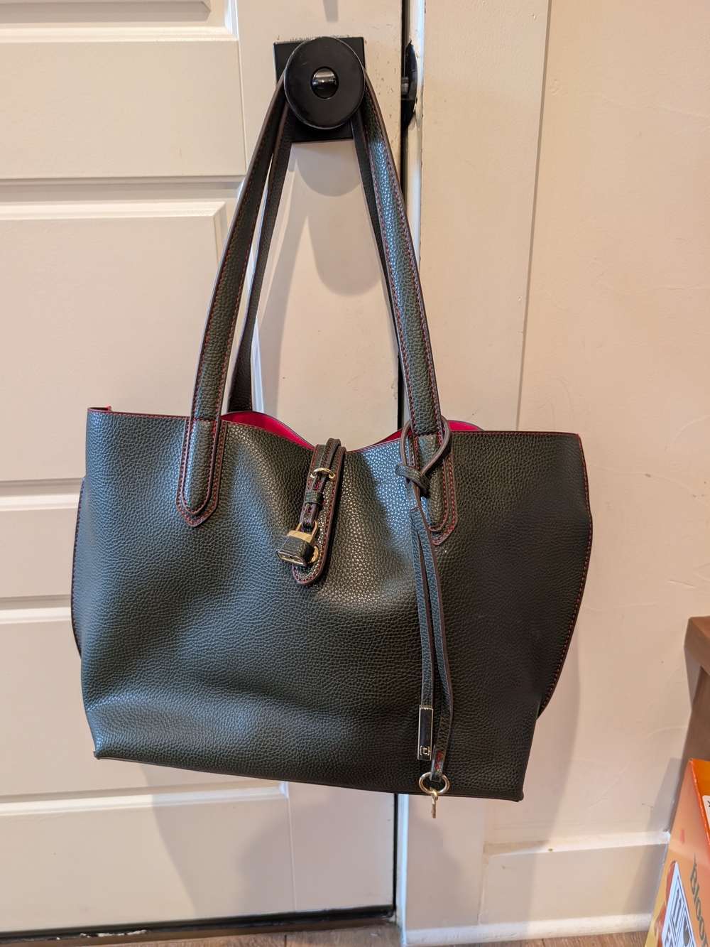 Everyday Black Tote with Red Trim - Classic Pebbled Leather Look